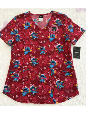 Disney Lilo & Stitch Christmas Scrub Top Women’s Small Red Holiday NWT